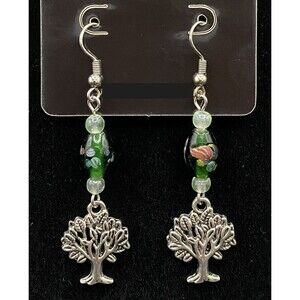 Handmade Tree Of Life & Green Glass Bead Earrings by Neanie-Bot